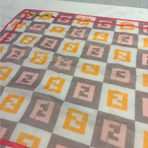 Fendi Pink, Yellow & Gray FF Logo Silk Scarf with Chain Motif - Picture 3 of 3